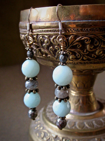 Faceted Aqua Amazonite and Smoky Labradorite OOAK Dangle Earrings