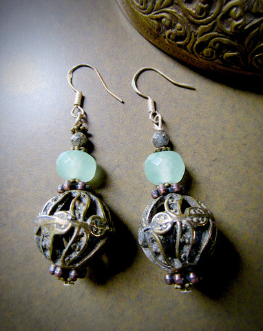 Faceted Chrysoprase and Vintage Filigree Bronze OOAK Beaded Dangle Earrings