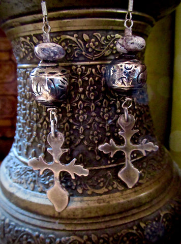 Vintage Silver and Jasper Yalalag Cross Earrings