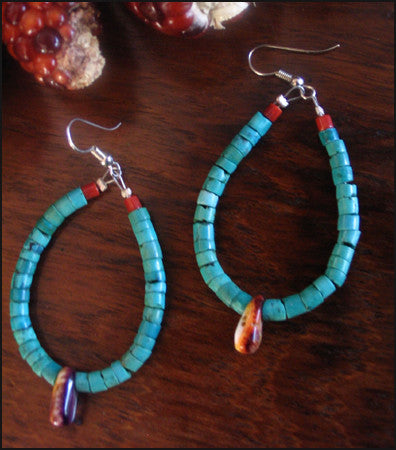 Handsome Navajo Jacla Turquoise Earrings with Coral
