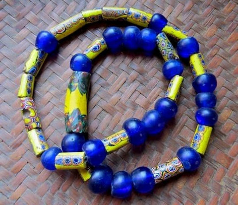 Antique Venetian Yellow and Dutch Cobalt African Beads