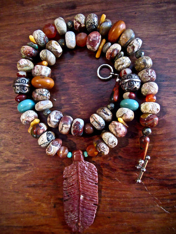 Autumn Jasper Necklace with Pipestone Feather Pendant