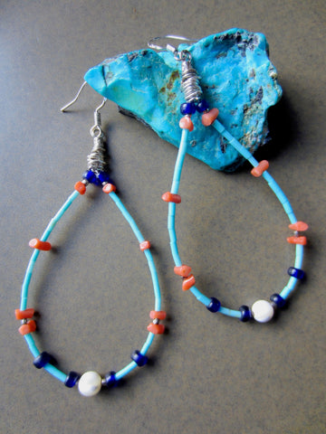 Long Loops of Fine Turquoise, Coral and Antique Cobalt Beads