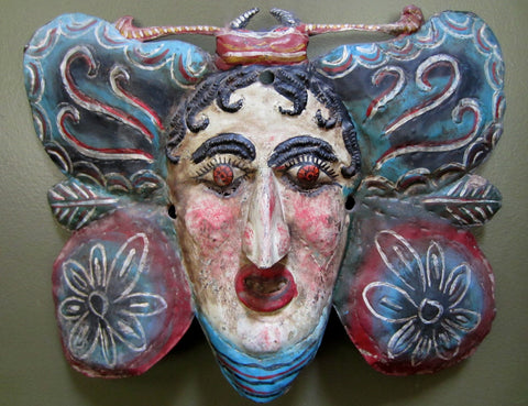 Antique Painted Copper Butterfly Mask from Mexico