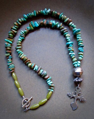 Long Turquoise Necklace with Small Yalalag Silver Cross