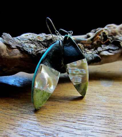 Mosaic Dangle Earrings of Jet, Mother of Pearl, and Serpentine on Turquoise