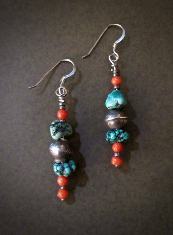 Old Tibetan Turquoise, Coral and Navajo Silver Earrings