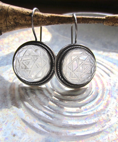 One of a Kind Silver Engraved Rock Crystal Yantra Earrings from the Himalayas