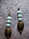 Faceted Amazonite and Vintage Bronze in OOAK, Long Dangle Earrings