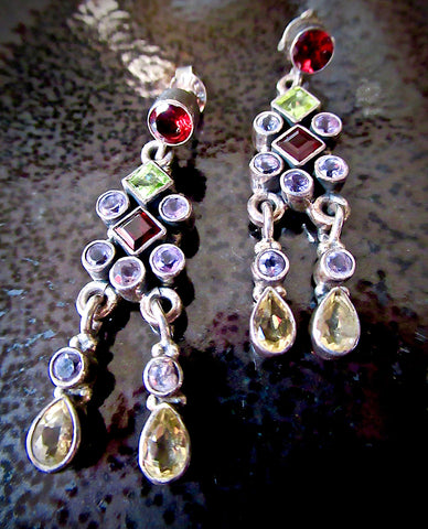 Vintage Long Dangle Multi-Gemstone Earrings from Jaipur