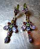 Vintage Amethyst Cluster Dangle Earrings with Peridot, Garnet and Citrine Gemstones