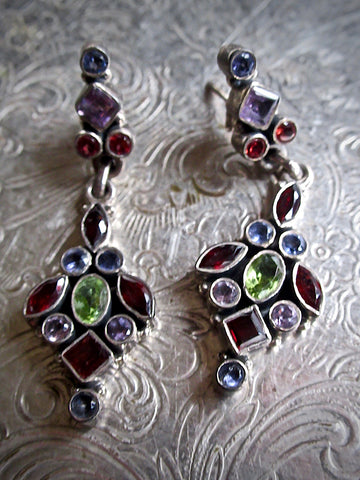 Gemstone Cluster Dangle Earrings With Garnet, Amethyst, Peridot