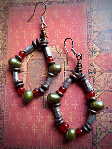 Handmade Silver and Copper Beaded Loop Dangles with Carnelian and Pearl
