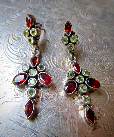 Vintage Garnet and Peridot Long Dangle Earrings from Jaipur