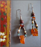 Antique Carnelian, Amber, and Old Bead Dangle Earrings