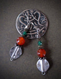 Distinctive Dangle Earrings with Tribal Silver, Carnelian and Emerald