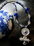 Vintage Indian Silver Amulet Necklace with Antique Cobalt Glass