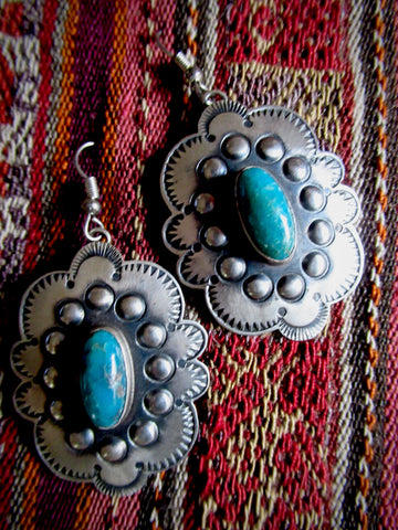 Navajo Stamped Silver Concha Dangle Earrings with Turquoise