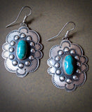 Navajo Stamped Silver Concha Dangle Earrings with Turquoise