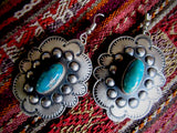 Navajo Stamped Silver Concha Dangle Earrings with Turquoise
