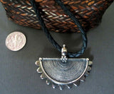 Engraved Tribal Silver Crescent Pendant on Black Leather