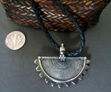 Engraved Tribal Silver Crescent Pendant on Black Leather