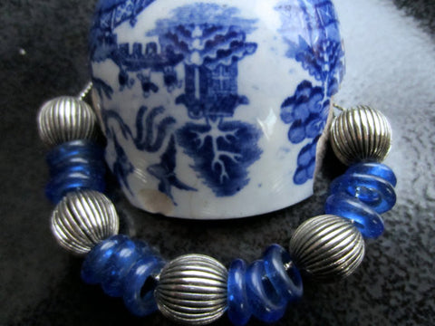 Vintage Tribal Silver Necklace with Antique Dutch Cobalt Beads