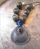 Vintage Tribal Silver Filagree Teardrop Necklace with Garnet
