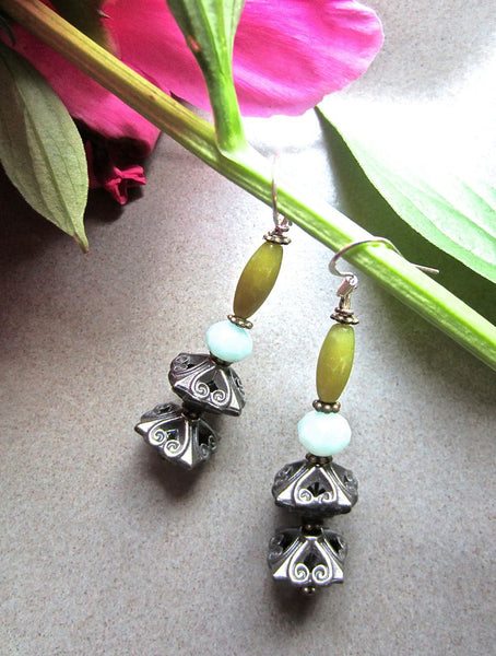 Olive Green and Aqua Pagoda Dangle Earrings – Deborah Garner