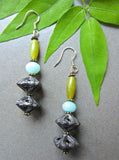 Olive Green and Aqua Pagoda Dangle Earrings