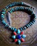 Unique Turquoise Necklace with Vintage Himalayan Multi-Gem Pendant