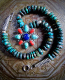 Unique Turquoise Necklace with Vintage Himalayan Multi-Gem Pendant