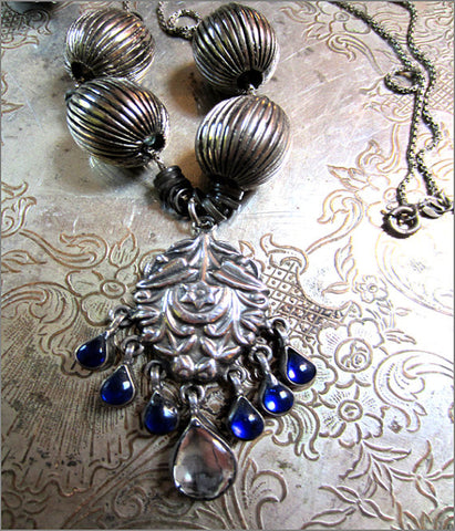 Vintage Indian Silver Pendant Necklace with Cobalt Glass