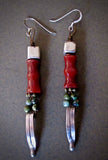 Long Bamboo Carnelian,Turquoise, and Vintage Silver Earrings