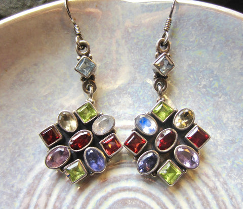 Spectacular Vintage Multi-Jewel Cluster Dangle Earrings from Jaipur