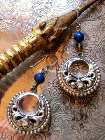 Rich Lapis and Vintage Indian Silver Dangle Earrings