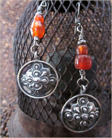 Vintage Silver Mandala and Carnelian Earrings