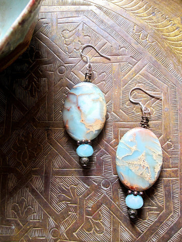 Oval Aqua Peruvian Opal and Amazonite Earrings