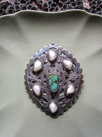 Antique Pearl and Turquoise Brooch from Ladakh