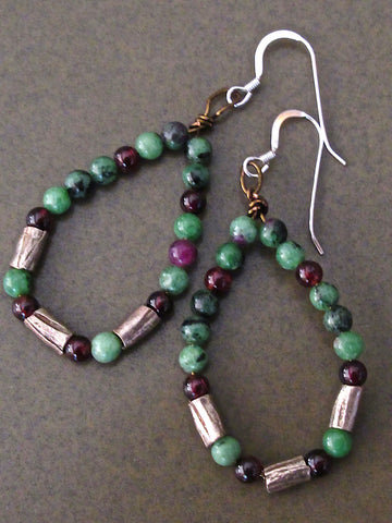 Ruby Zoisite, Garnet and Silver Loop Earrings