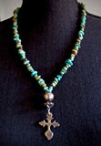 Long Turquoise Necklace with Small Yalalag Silver Cross