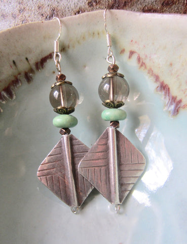 Smoky Quartz, Pale Green Jade and Tribal Silver Dangle Earrings