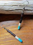 Rich Brown Olive Shell,White Clam Shell and Turquoise Heishe Bead Earrings