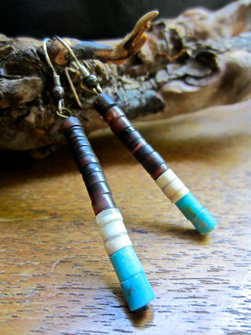 Rich Brown Olive Shell,White Clam Shell and Turquoise Heishe Bead Earrings