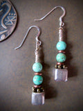 OOAK Distinctive Silver Cube and Turquoise Dangle Earrings