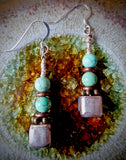 OOAK Distinctive Silver Cube and Turquoise Dangle Earrings