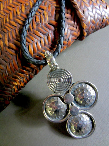 Silver Spiral Necklace on Braided Black Leather Cord