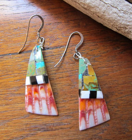 Turquoise and Orange Spondylus Shell Earrings from Santa Domingo Pueblo