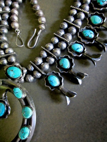 Vintage Sterling Silver and Turquoise Squash Blossom Necklace N713