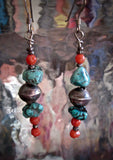 Old Tibetan Turquoise, Coral and Navajo Silver Earrings